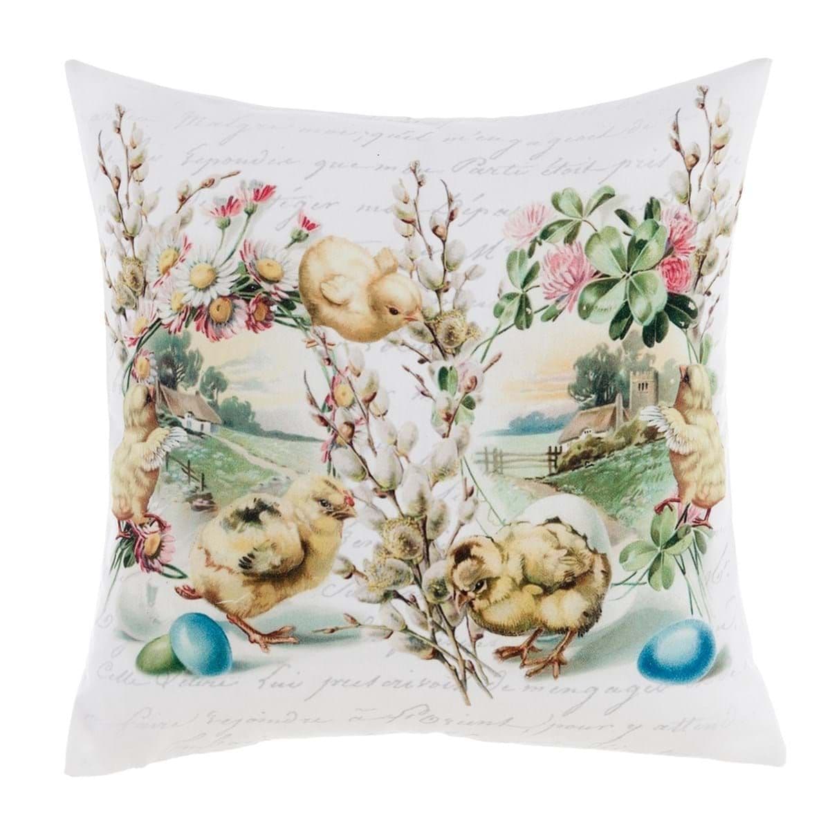 Biely vankúš s výplňou s veľkonočným dekorom kuriatok v schaby chic romantickom štýle 45 x 45 cm Blanc Maricló 39960 - obrázok 1