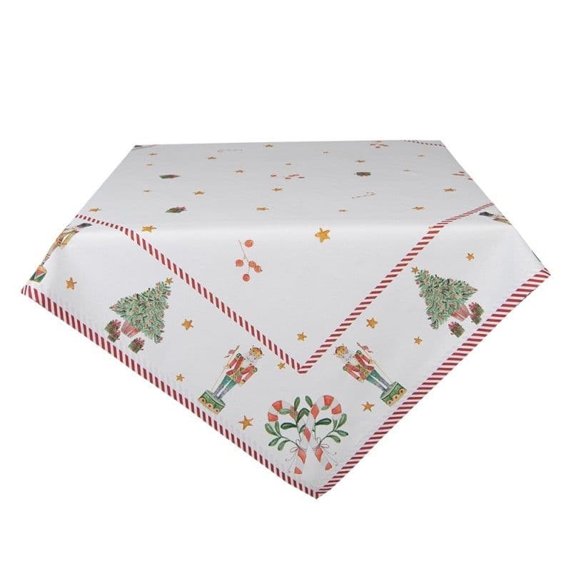 Bavlnený obrus v bielom farebnom prevedení s motívom vianočných luskáčikov 100 x 100 cm Clayre & Eef 42008 - obrázok 1