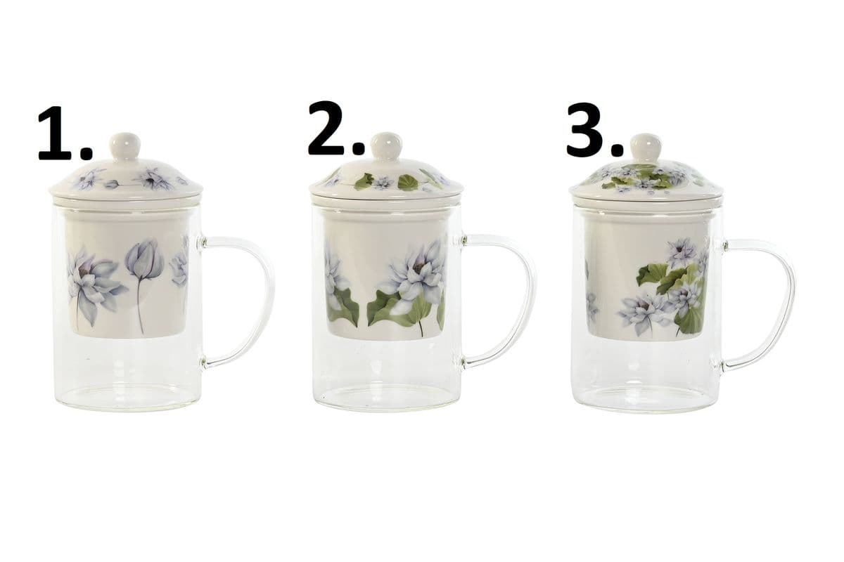 Sklenený hrnček s porcelánovým sitkom v bielom farebnom prevedení s dekorom modrých kvietkov 12 x 8 x 15 cm 44088 - obrázok 1