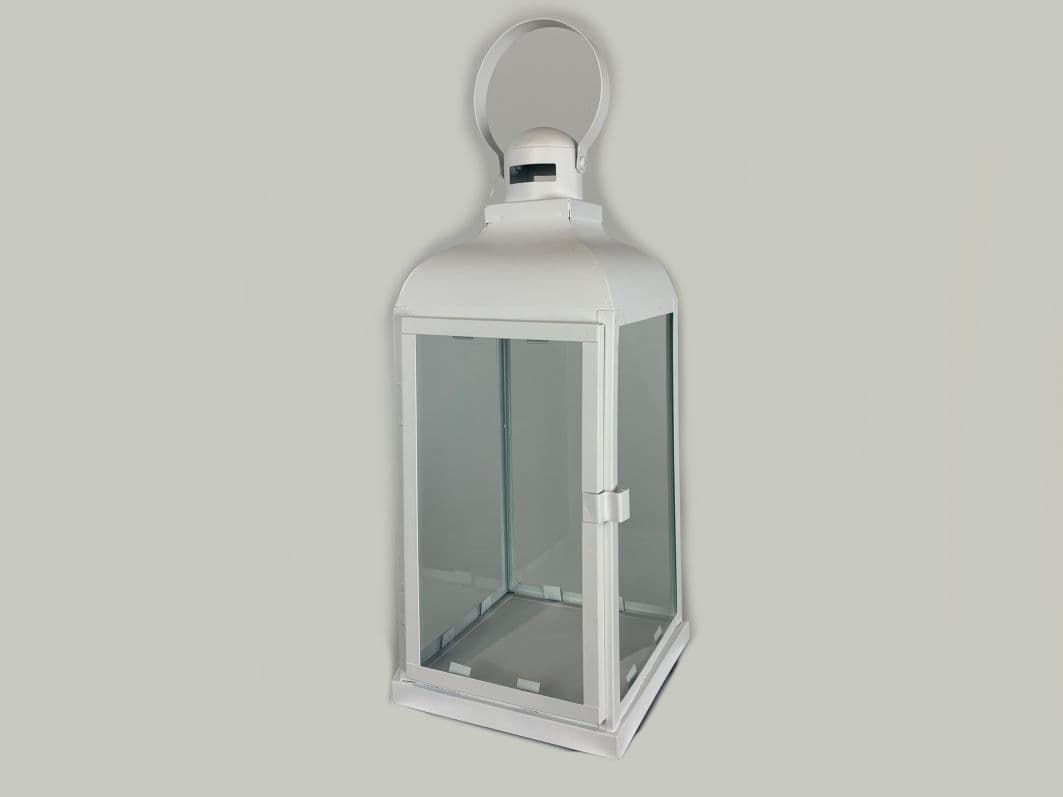 Biely kovový lampáš so sklenenou výplňou so strieškou v jednoduchom štýle 33 cm 42716 - obrázok 1