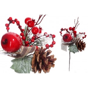 Vianočný konárik dekorovaný jarabinou, šiškou a červeným jabĺčkom 20 cm 28858