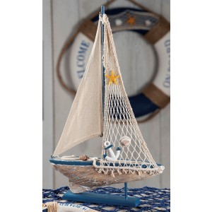 Drevená plachetnica na podstavci s textilnou plachtou a sieťkou zdobená morskými dekoráciami 29,5x5x47cm 27863