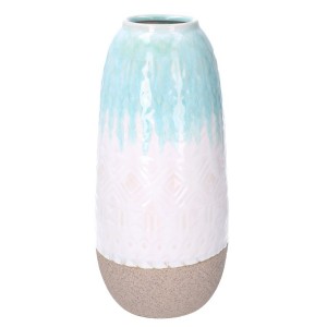 Keramická hnedo-biela váza so svetlomodrým dekorom rozliatej farby vo vrchnej časti 15,50 x 33 cm  31614
