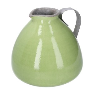 Masívna bucľatá zelená keramická váza v tvare džbánu s kovovou rúčkou30,5 x 25,4 cm 31624