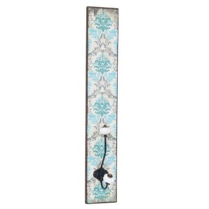 Drevený vešiak s modrým vzorovaným dekorom a s kovovými dekoratívnymi háčikmi Clayre & Eef 21378