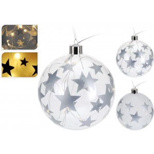 Vianočná guľa - strieborné hviezdy, LED 12cm 31685