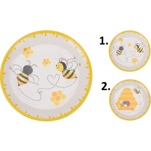 Bielo-žltý keramický dezertný tanier so žltým lemovaním a včelím motívom o priemere 20 cm 37110