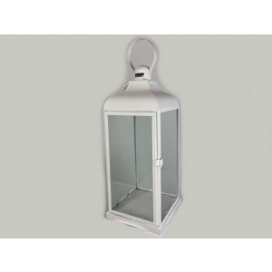 Biely kovový lampáš so sklenenou výplňou so strieškou v jednoduchom štýle 43 cm 42715