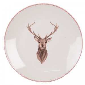 Biely porcelánový tanier s motívom jeleňa s károvanými detailmi a priemerom 20 cm Clayre & Eef 38826