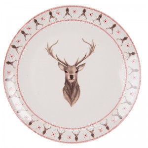 Biely porcelánový tanier s motívom jeleňa s károvanými detailmi a priemerom 26 cm Clayre & Eef 38825