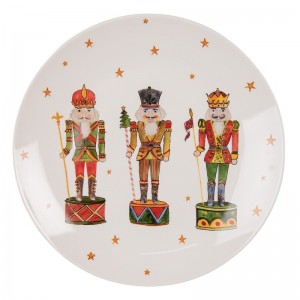 Biely porcelánový tanier s motívom vianočných luskáčikov o priemere 20 cm Clayre & Eef 38816