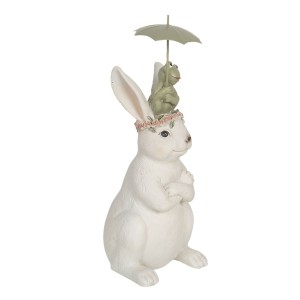 Biely zajac so žabou a dáždnikom polyresin Clayre-Eef 12x10x24 cm 33230