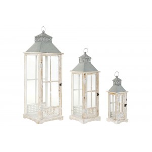 Biely drevený lampáš so sklenenou výplňou a dreveným dekorom so sivou kovovou strieškou a s obitým vintage vzhľadom 92 cm 37564