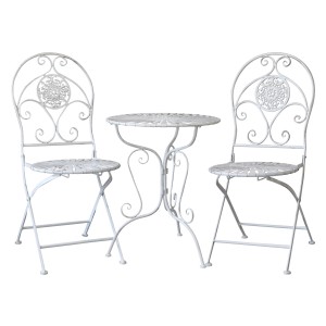 Bistro set kovového záhradného sedenia stôl a dve stoličky v antickej krémovej farbe 93x48x40 cm Chic Antique 38452