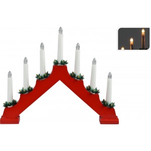 Dekoratívny drevený svietnik červenej farby v tvare mostu so sviečkami 39,5 x 5 x 31 cm 38854