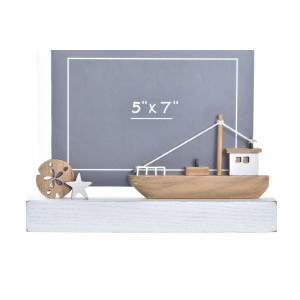 Drevená dekorácia fotorámu v bielom farebnom prevedení v morskom štýle s loďkou 22 x 3,5 x 18 cm 40439
