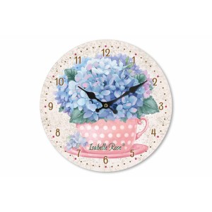 Drevená dekorácia nástenných hodín s dekorom modrej hortenzie v retro štýle a pohyblivým strojčekom 29 cm Isabelle Rose 42120