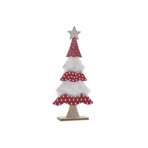 Drevená dekorácia vianočného stromčeka v bielo-červenom farebnom prevedení s kožušinou a hviezdou 18,5 x 4 x 40 cm 39586
