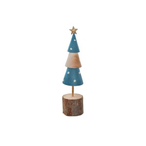 Drevená dekorácia vianočného stromčeka v hnedo-tyrkysovom farebnom prevedení na podstavci 5 x 5,5 x 15 cm 39567