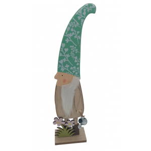 Drevená postavička stojaceho škriatka s mentolovou čiapkou a krhlou v ruke 12 x 6,5 x 45 cm 39416
