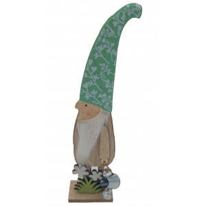 Drevená postavička stojaceho škriatka s mentolovou čiapkou a krhlou v ruke 8 x 4,5 x 31 cm 39417