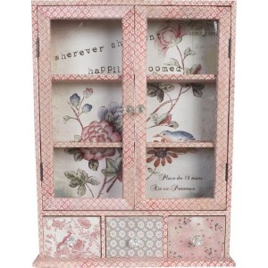 Drevená skrinka potiahnutá bavlnenou látkou v ružových odtieňoch presklená s troma šuflíkmi 59 x 13 x 72 cm Clayre-Eef 17232
