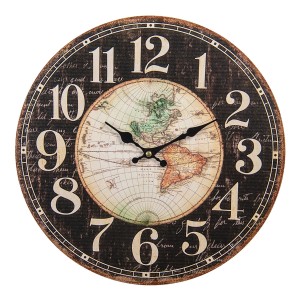 Drevené hnedo-čierne nástenné hodiny vo vidieckom štýle s mapou sveta Ø 34*1 cm Clayre & Eef 35017