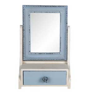 Drevené modro-biele zrkadlo so skrinkou a zásuvkou s dekorom ruže ako úchytom 25 x 14 x 38 cm Clayre & Eef 35611