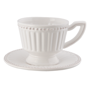 Biela zdobená keramická šálka s tanierikom na krátkej stopke 0,225l Clayre & Eef 23302