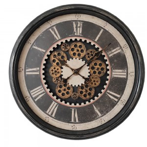 Hnedé industriálne nástenné hodiny s rímskymi číslami a pohyblivým hodinovým strojčekom 58 x 8 cm Clayre & Eef 41086