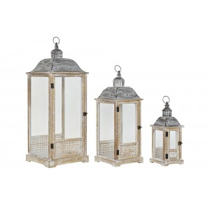 Hnedý drevený lampáš so sklenenou výplňou a dreveným dekorom so sivou kovovou strieškou a s obitým vintage vzhľadom 63 cm 37573