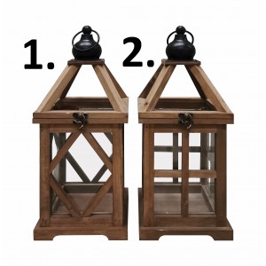 Hnedý drevený lampáš so sklenenou výplňou a dreveným dekorom v dvoch prevedeniach 17 x 17 x 40,5 cm 37781