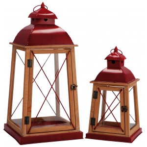 Hnedý drevený veľký lampáš so sklenenou výplňou s červenou kovovou strieškou a rúčkou 28,5 x 62 cm 39016