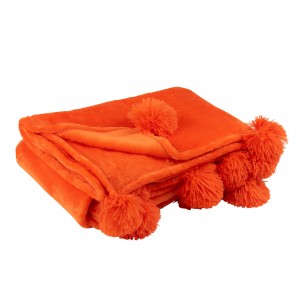 Huňatá deka v krásnej oranžovej farbe s pomponmi na bokoch deky 170 x 130 x 1 cm Jolipa 42326