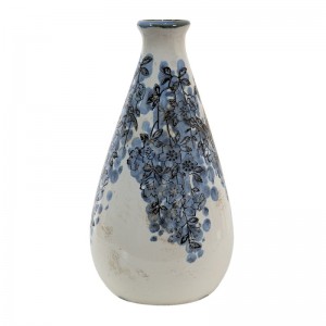 Keramická biela váza s obitým vzhľadom s dekorom modrých kvietkov vo vintage štýle 11 x 21 cm Clayre & Eef 36119
