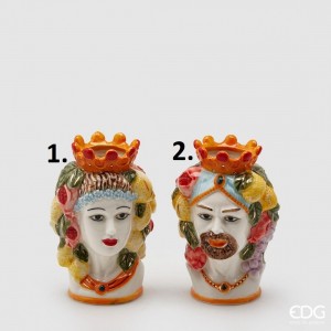 Keramická dekorácia vázy - kvetináča v tvare hlavy ženy alebo muža s dekorom ovocia a korunkou 15 cm EDG 42053