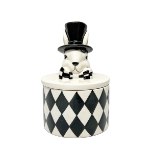 Keramická dóza v bielo-čiernom farebnom prevedení s motívom zajaca s klobúkom a mašľou 10,4 x 10,4 x 15,8 cm 39833