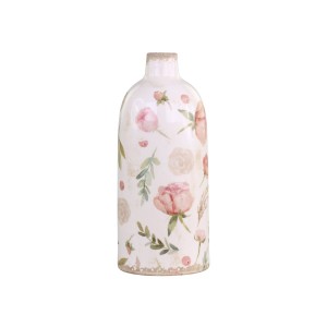 Keramická krémová váza s obitým vzhľadom s dekorom ružových ružičiek vo vintage štýle 11 x 26 cm Chic Antique 38140