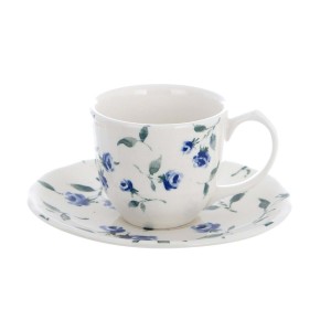 Keramická šálka s tanierikom v bielom farebnom prevedení s kvetovaným modro-zeleným dekorom 12 x 12 x 6 cm Blanc Maricló 42270