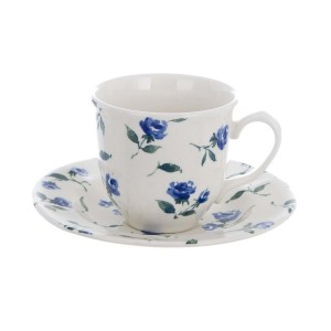 Keramická šálka s tanierikom v bielom farebnom prevedení s kvetovaným modro-zeleným dekorom 15 x 15 x 9 cm cm Blanc Maricló 42269