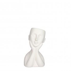Keramický biely dekoratívny hladký kvetináč v tvare hlavy s tvárou 11,5 x 10,5 x 21 cm 37549