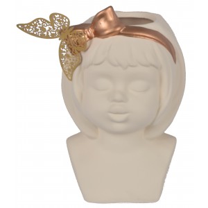 Keramický biely kvetináč ako váza v tvare hlavy dievčatka s medenou mašľou a motýľom 19,8 x 12,5 x 14 cm 35506