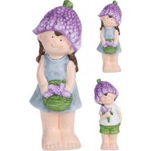 Keramický chlapec alebo dievča stojace s fialovou čiapočkou v rukách držiace misku alebo kvietok 26 cm 37106