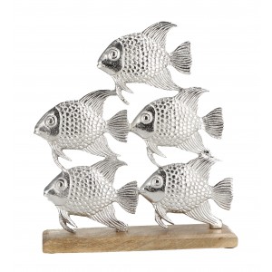 Kovová dekorácia rýb v striebornom farebnom prevedení na drevenom podstavci 27 x 8 x 31 cm 39779