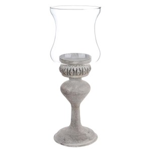 Kovová dekorácia svietnika so sklenenou vázou v sivom farebnom prevedení v ošúchanom štýle 13 x 13 x 36 cm Blanc Maricló 42272