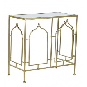 Kovová dekorácia zlatého stolíka obdĺžnikového tvaru so zrkadlom navrchu a dekorovaním 56 x 28 x 56 cm 39595