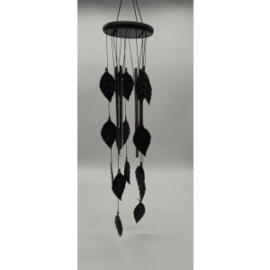 Kovovo-drevená zvonkohra v čiernom farebnom prevedení s dekorom listov 11,2 x 11,2 x 61,5 cm Esschert Design 38072