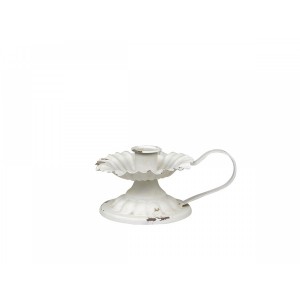 Kovový biely ošúchaný svietnik s vintage dekorom a rúčkou vo vintage štýle 14 x 9 x 7 cm Chic Antique 38737