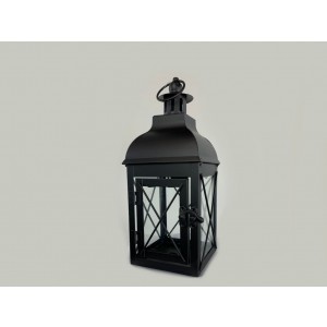 Kovový lampáš v čiernom farebnom prevedení so sklenenou výplňou so strieškou v jednoduchom štýle 26 cm 42722