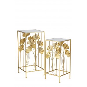 Kovový zlatý stolík so zrkadlom navrchu a s dekorom lístkov ginka 32 x 32 x 70 cm 37790